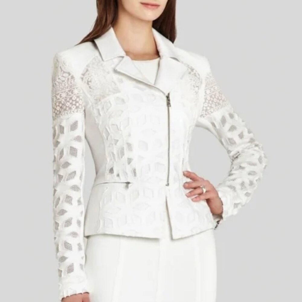 White Lace Moto Jacket - Women's Sophisticated Zip Front